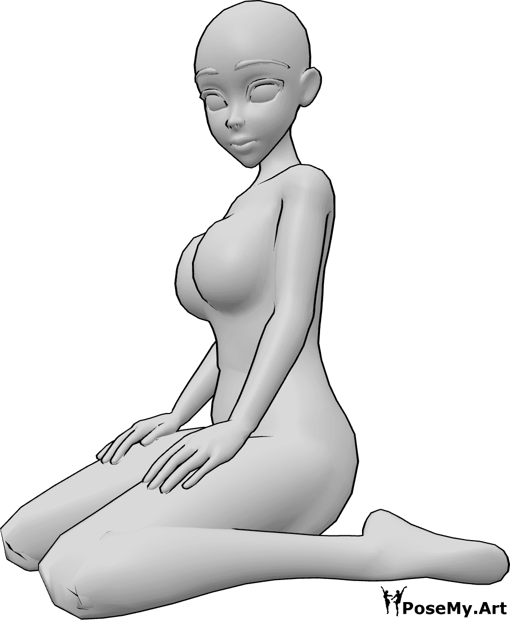 Posen-Referenz- Anime süße sitzende Pose - Anime-Frau sitzt in einer niedlichen Pose, kniend und nach links schauend