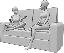 Referencia de poses- Anime sentado hablando pose - Dos mujeres anime están sentadas en el sofá y hablando, mirándose la una a la otra