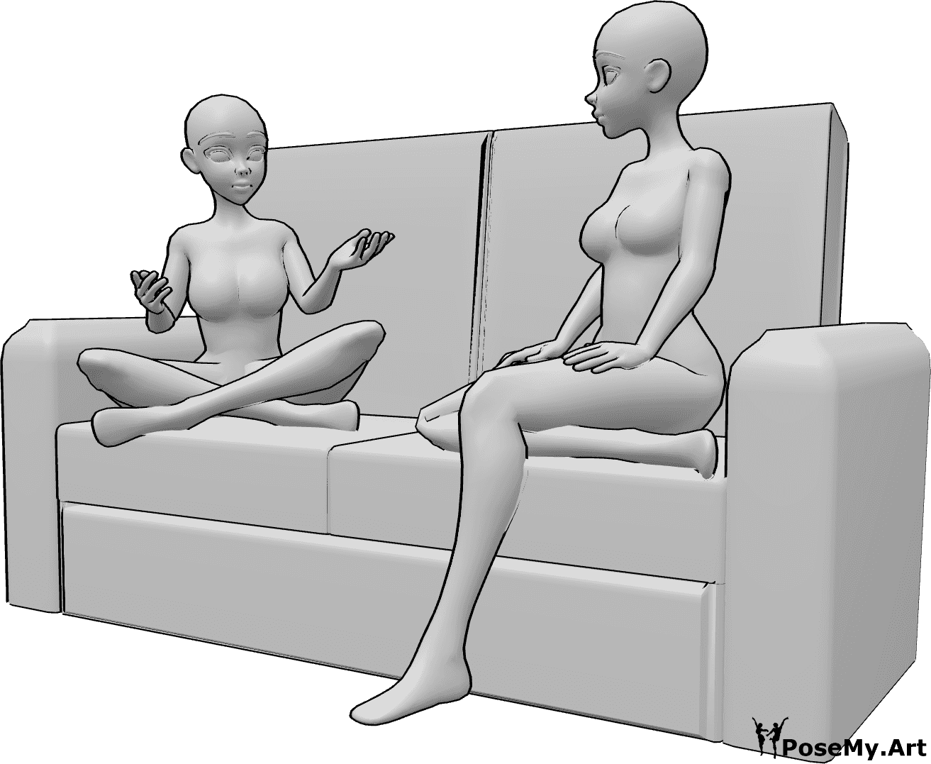 Referencia de poses- Anime sentado hablando pose - Dos mujeres anime están sentadas en el sofá y hablando, mirándose la una a la otra