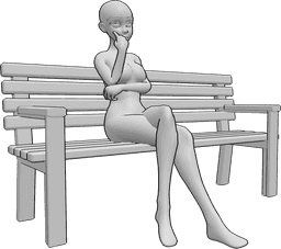 Referencia de poses- Anime sentado en un banco - La mujer anime está sentada sola en el banco, tiene las piernas cruzadas y mira hacia delante, pensando