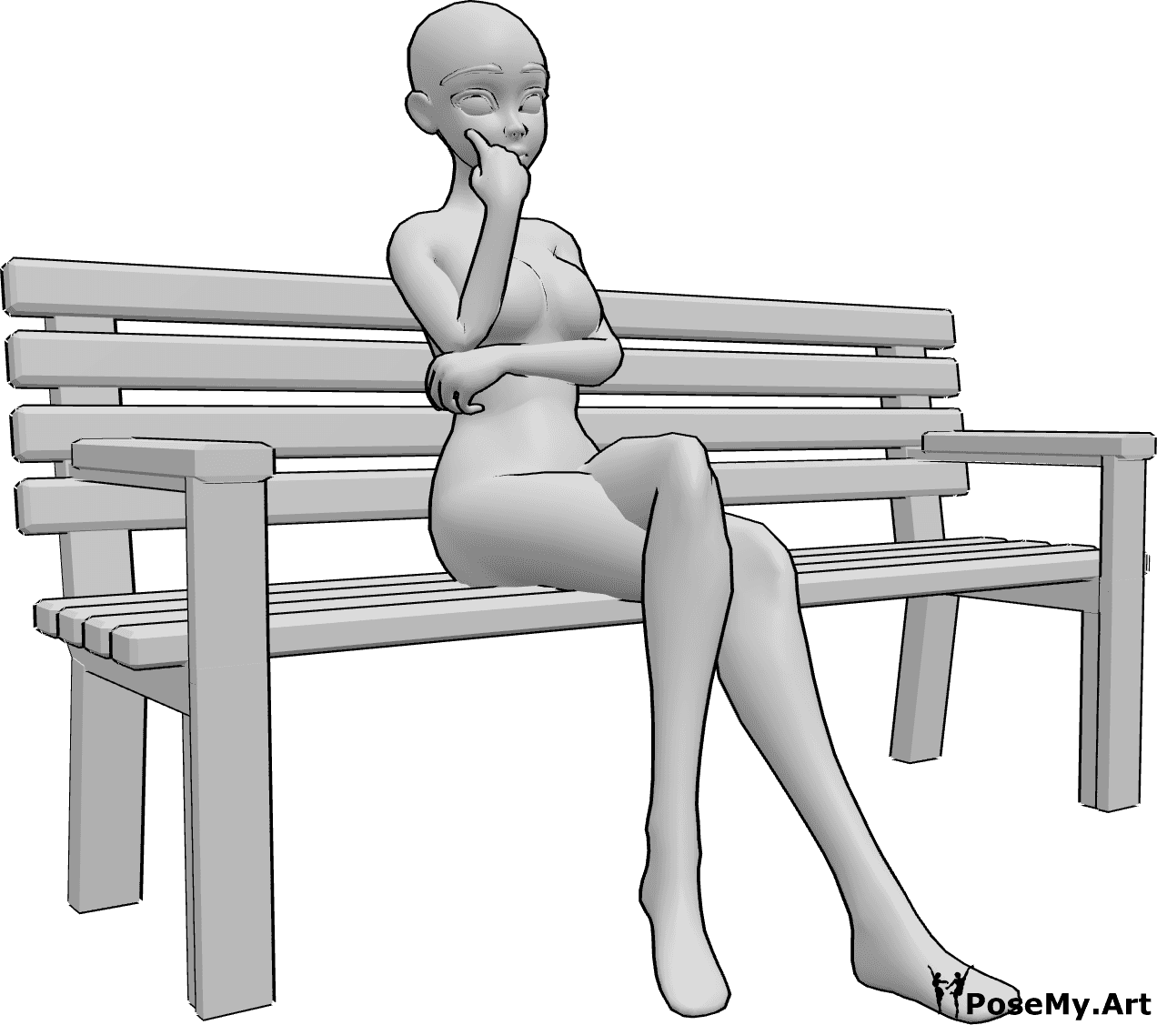 Referencia de poses- Anime sentado en un banco - La mujer anime está sentada sola en el banco, tiene las piernas cruzadas y mira hacia delante, pensando