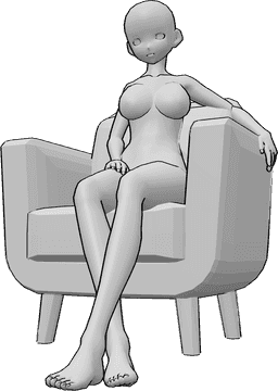 Referência de poses- Pose de poltrona feminina de anime - A mulher anime está sentada confortavelmente no cadeirão, com as pernas cruzadas