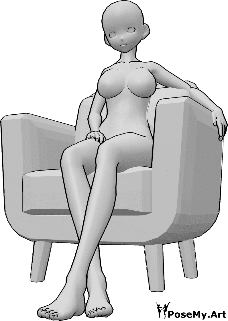 Référence des poses- Femme d'animation posant dans un fauteuil - Le personnage féminin est assis confortablement dans le fauteuil, ses jambes sont croisées.