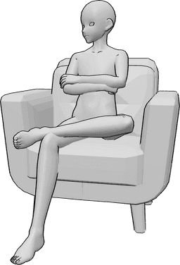Référence des poses- Anime, homme, pose dans un fauteuil - Le personnage principal est assis confortablement dans le fauteuil, les jambes croisées et le regard tourné vers la droite.