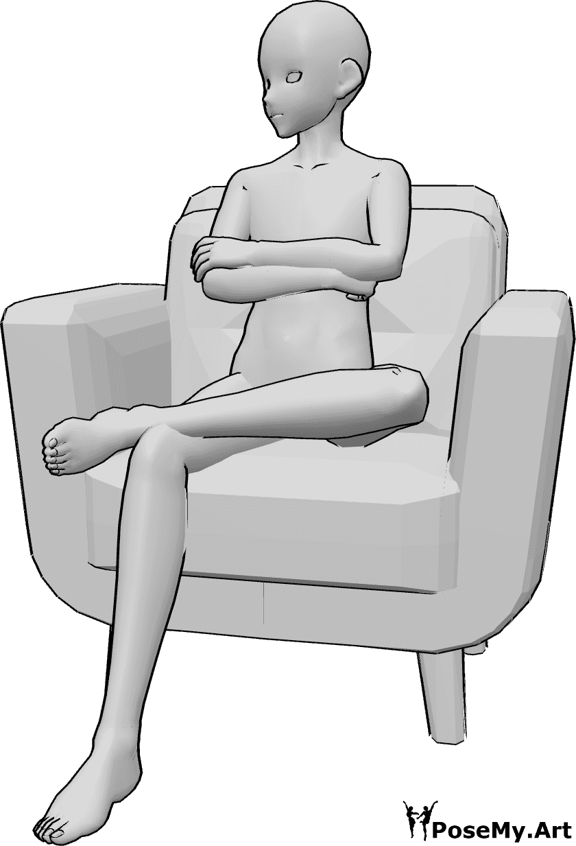Riferimento alle pose- Anime maschile in posa da poltrona - L'uomo anonimo è seduto comodamente in poltrona con le gambe incrociate e guarda a destra.