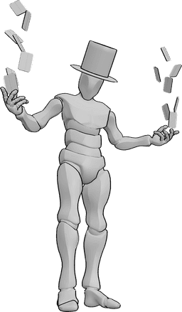 Posen-Referenz- Schwebende Karten Zauberer Pose - Mann mit Zaubererhut spricht einen Zauberspruch, hebt seine Hände und die Zauberkarten schweben aus seinen Händen
