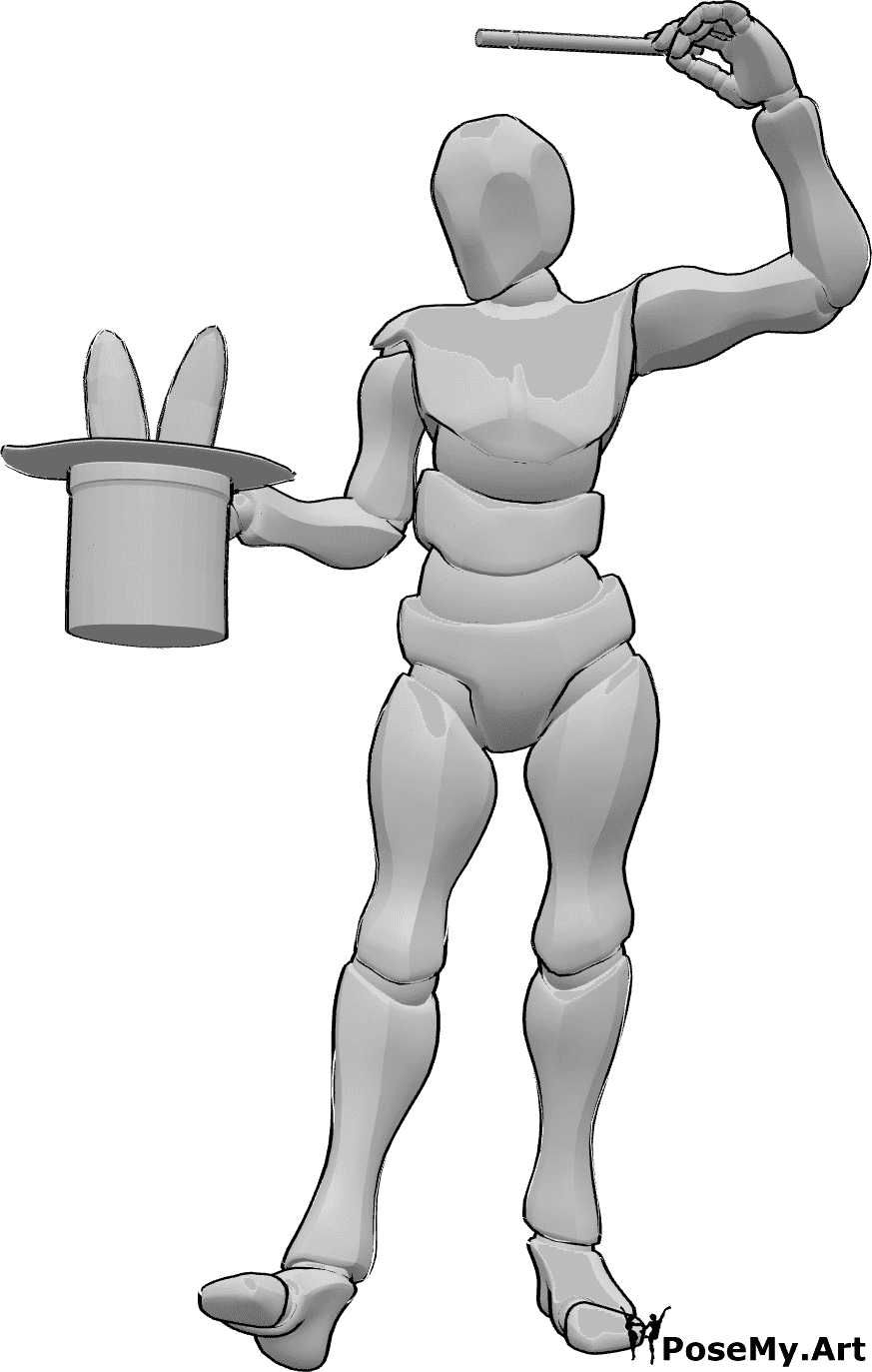 Posen-Referenz- Beschwörende Kaninchen-Pose - Männlicher Zauberer zaubert mit seinem Zauberstab ein Kaninchen aus dem Hut