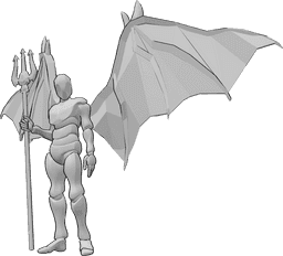 Référence des poses- Démon en position debout - Homme debout avec des ailes de diable, tenant un trident dans sa main droite et regardant vers la gauche