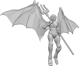 Référence des poses- Pose flottante du trident - Homme flottant avec des ailes de diable, tenant un trident à deux mains et regardant vers la gauche
