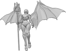Referência de poses- Pose de voo do demónio - Mulher com asas de diabo voa para cima, segurando o tridente na mão direita e olhando para cima