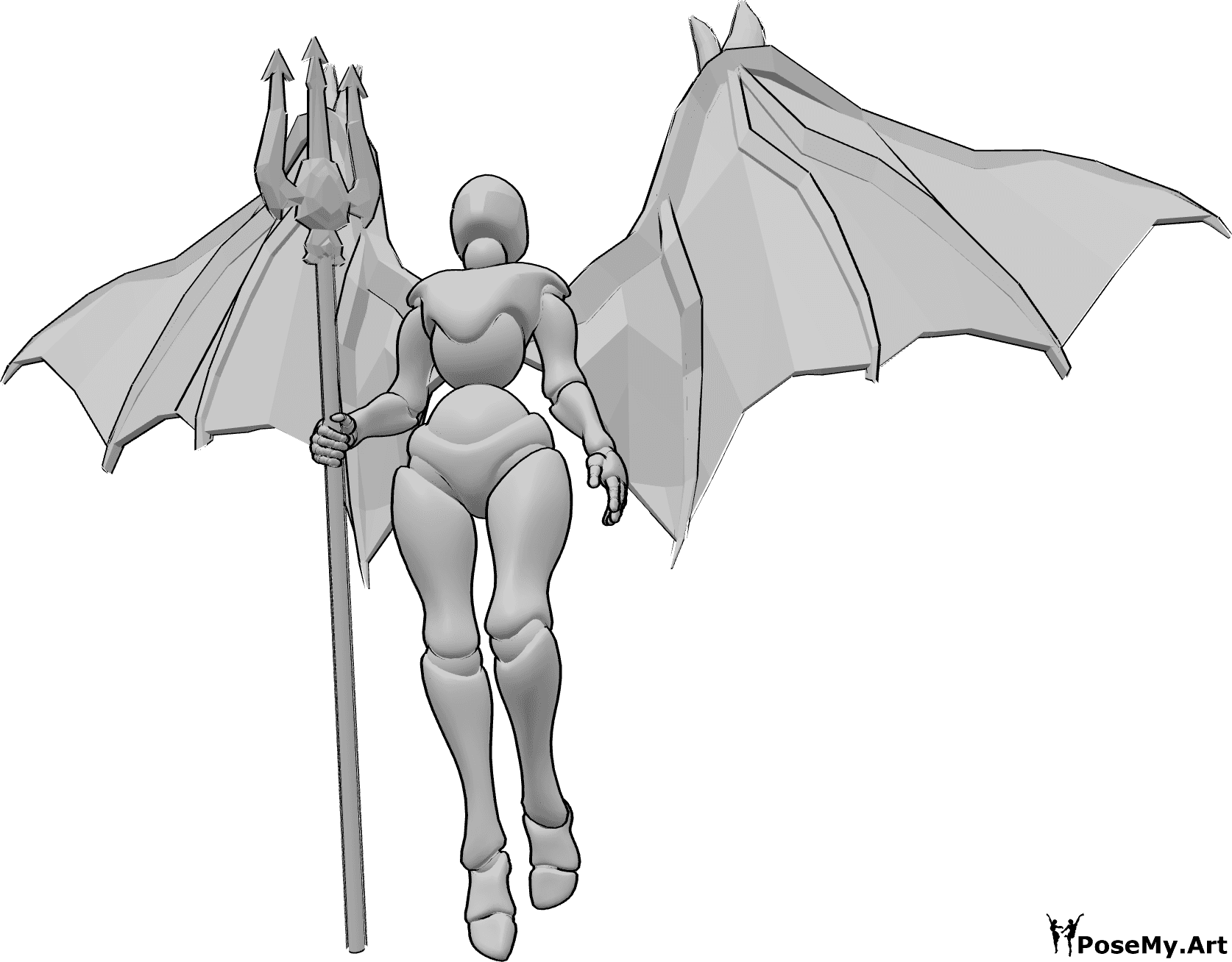 Referencia de poses- Postura de demonio volador - Mujer con alas de diablo está volando hacia arriba, sosteniendo el tridente en su mano derecha y mirando hacia arriba