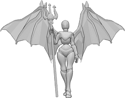 Referencia de poses- Postura de demonio andante - Demonio femenino caminando, sosteniendo el tridente en su mano derecha y mirando hacia delante.