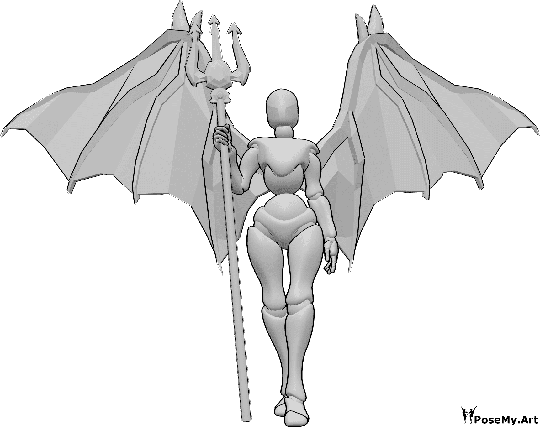Riferimento alle pose- Posa del demone che cammina - Demone femminile che cammina, tenendo il tridente nella mano destra e guardando in avanti
