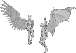 Referência de poses- Pose de anjo e demónio - A mulher anjo e o homem demónio estão a flutuar no ar e olham um para o outro, o anjo olha para ele e o homem cerra os punhos