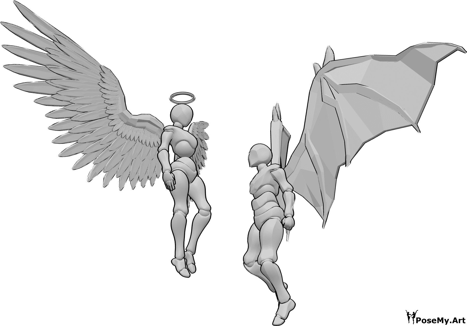 Referência de poses- Pose de anjo e demónio - A mulher anjo e o homem demónio estão a flutuar no ar e olham um para o outro, o anjo olha para ele e o homem cerra os punhos