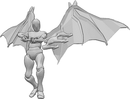 Riferimento alle pose- Posa del demone che punta il tridente - L'uomo con le ali da diavolo sta per attaccare con il suo tridente, tenendolo con entrambe le mani e puntando verso il basso.