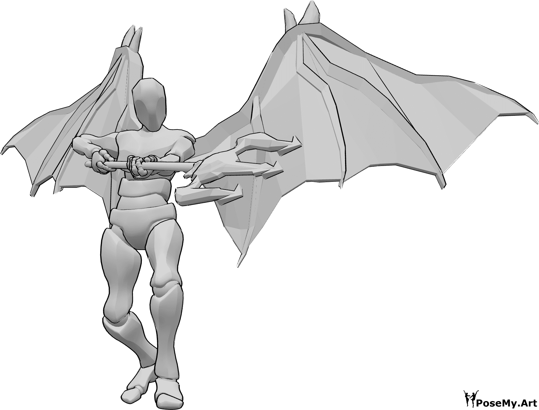 Référence des poses- Démon visant la pose du trident - L'homme aux ailes de diable s'apprête à attaquer avec son trident, qu'il tient à deux mains et vise vers le bas.