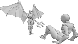 Posen-Referenz- Dämonenopfer-Pose - Männchen mit Teufelsflügeln zielt mit seinem Dreizack auf sein Opfer, das rückwärts kriecht
