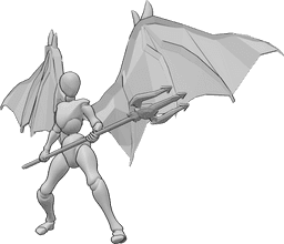 Referencia de poses- Pose de tridente de demonio femenino - Hembra con alas de diablo está a punto de atacar con su tridente, sujetándolo con ambas manos y apuntando a la izquierda