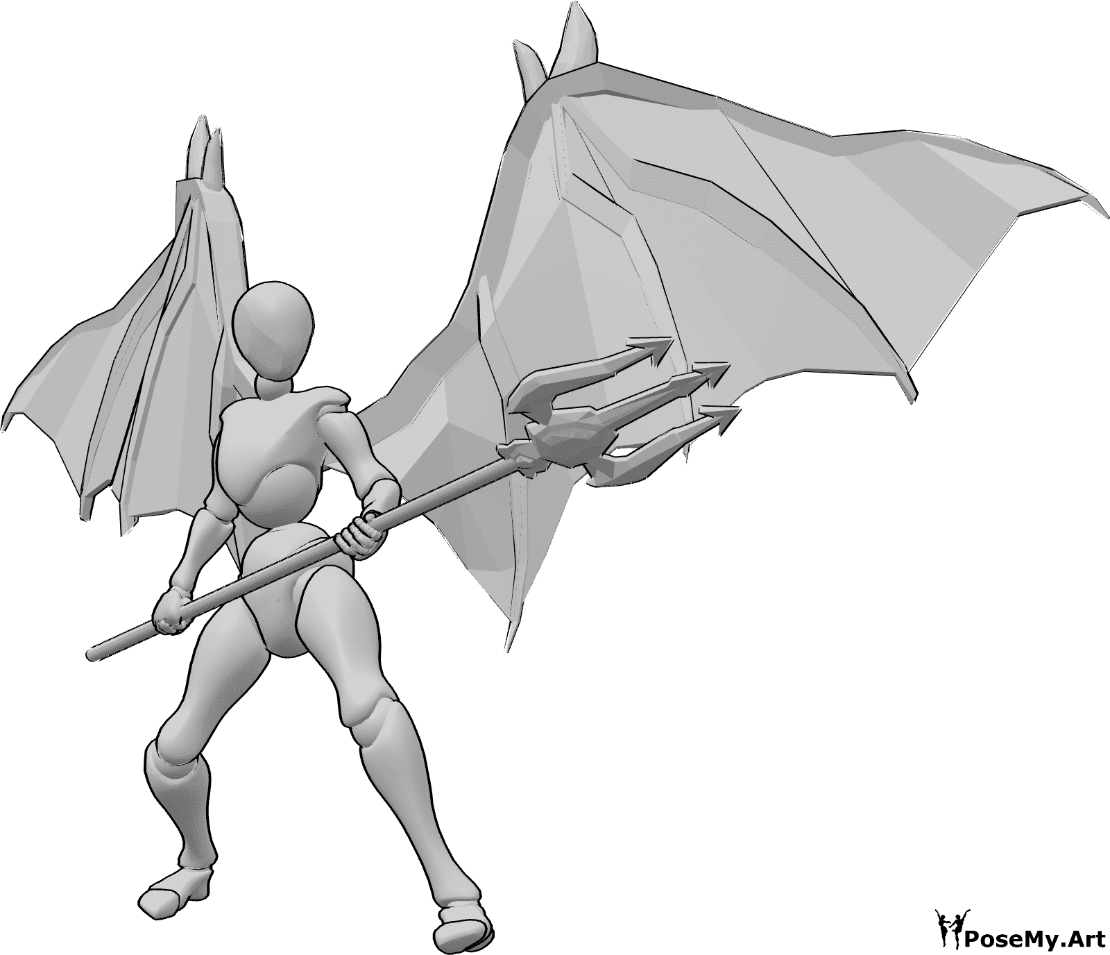 Référence des poses- Démon femelle, pose du trident - La femme aux ailes de diable s'apprête à attaquer avec son trident, qu'elle tient à deux mains en visant la gauche.