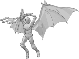 Posen-Referenz- Dynamische Dämonenangriffspose - Männchen mit Teufelsflügeln springt hoch, um anzugreifen, und hält seinen Dreizack mit beiden Händen über dem Kopf