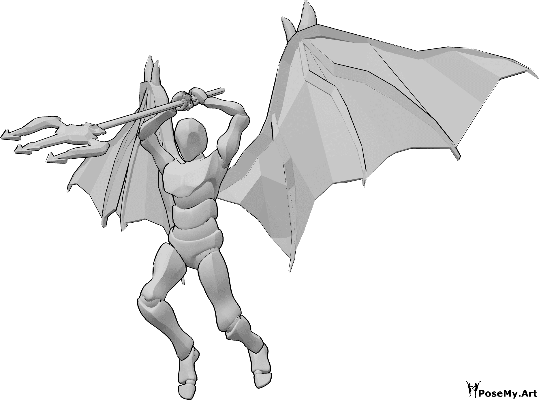 Référence des poses- Pose dynamique de l'attaque du démon - L'homme aux ailes de diable saute haut pour attaquer, tenant son trident à deux mains au-dessus de sa tête.