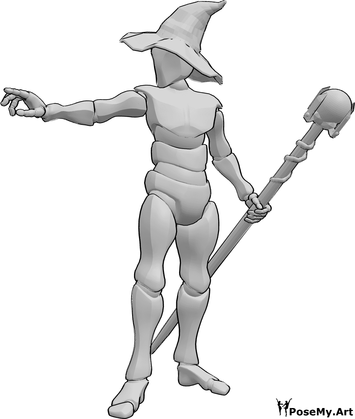 Referencia de poses- Pose de hechicero - Mago masculino de pie, sosteniendo un bastón con la mano izquierda y lanzando un hechizo con la derecha