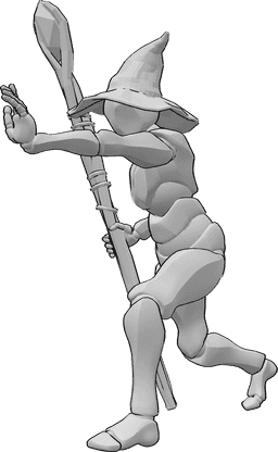 Referencia de poses- Postura dinámica para lanzar hechizos - Hombre con sombrero de mago sostiene un bastón en la mano derecha y lanza un hechizo con la mano izquierda