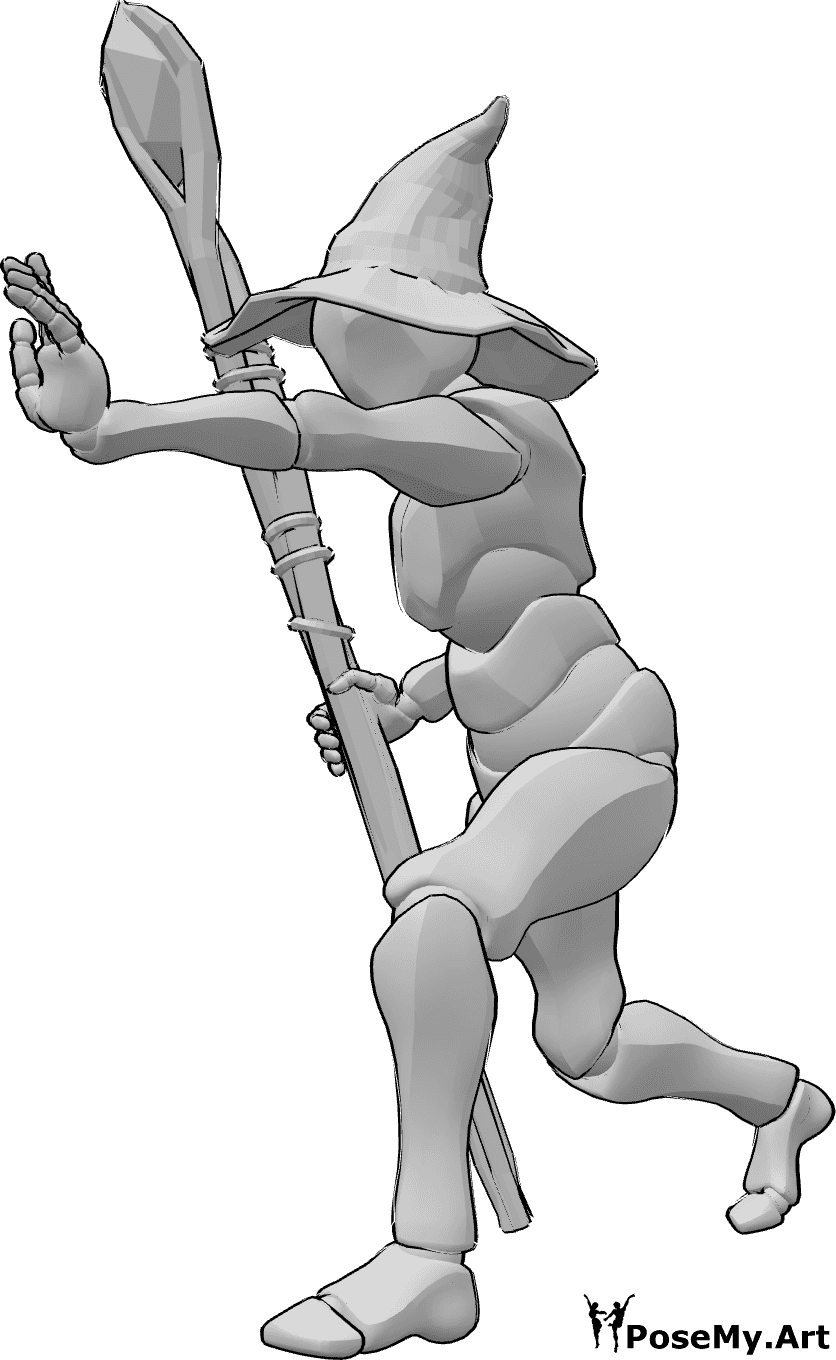 Référence des poses- Pose dynamique pour lancer un sort - Homme portant un chapeau de sorcier, tenant un bâton de la main droite et jetant un sort de la main gauche.