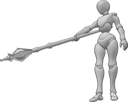 Référence des poses- Pose féminine de lanceur de sorts - La femme est debout et lance un sort avec son bâton de sorcier, qu'elle dirige vers le bas avec sa main droite.