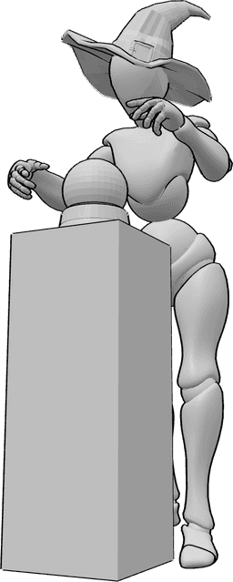 Référence des poses- Pose de la boule de cristal - Une femme portant un chapeau de sorcière se tient debout et jette un sort avec une boule de cristal.