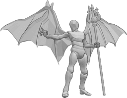 Référence des poses- Pose de lanceur de sorts démoniaque - Homme debout avec des ailes de diable, tenant un trident dans sa main gauche et jetant un sort de sa main droite