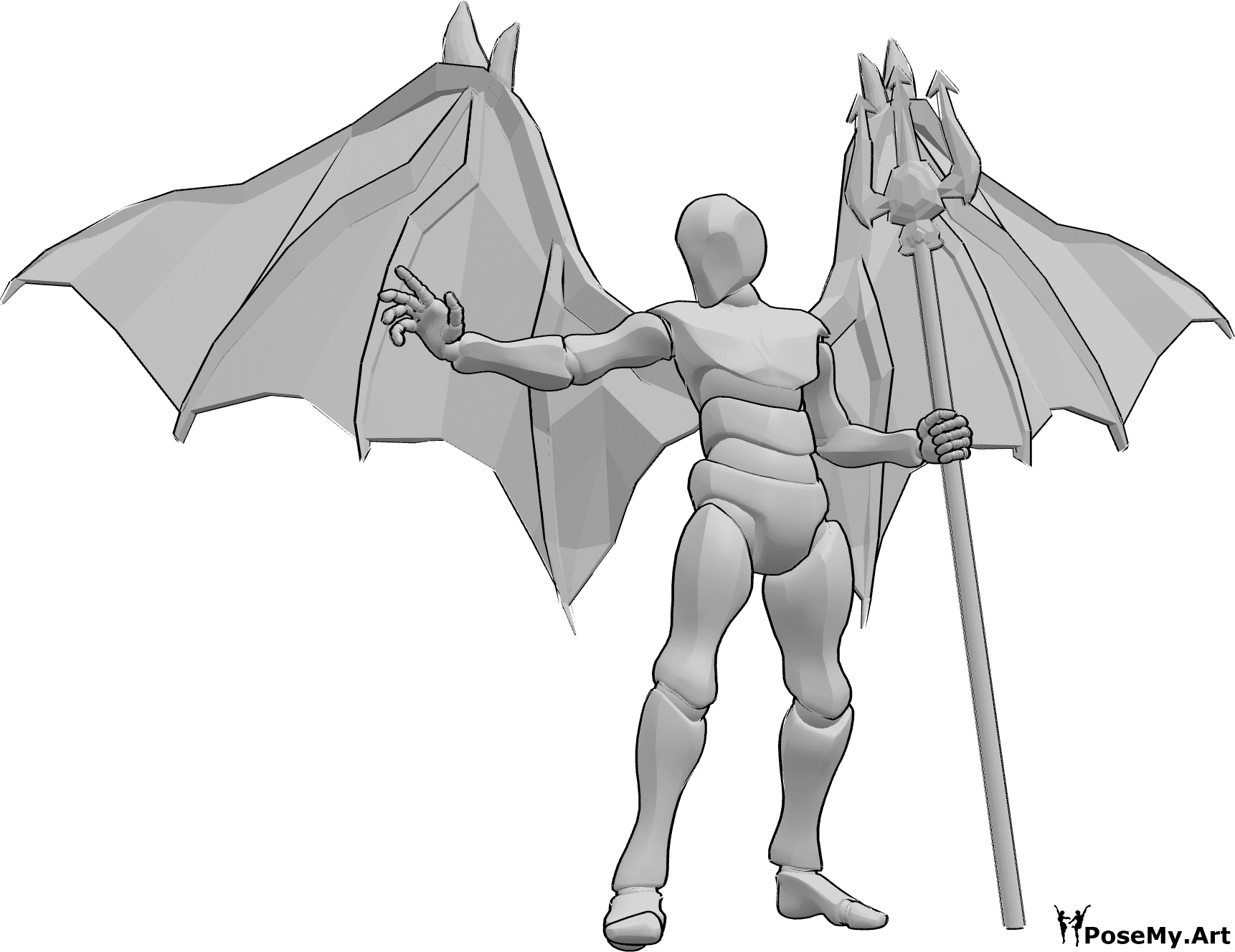 Référence des poses- Pose de lanceur de sorts démoniaque - Homme debout avec des ailes de diable, tenant un trident dans sa main gauche et jetant un sort de sa main droite