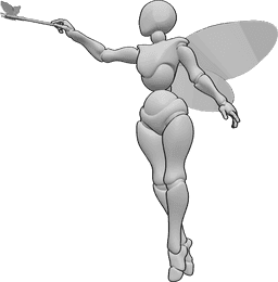 Posen-Referenz- Fee Zaubern Pose - Weibliche Fee fliegt und spricht einen Zauberspruch mit ihrem Feenstab in der rechten Hand