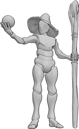 Referência de poses- Pose de feitiço de feiticeiro - Homem feiticeiro de pé, segurando um bastão na mão esquerda e lançando um feitiço com a mão direita