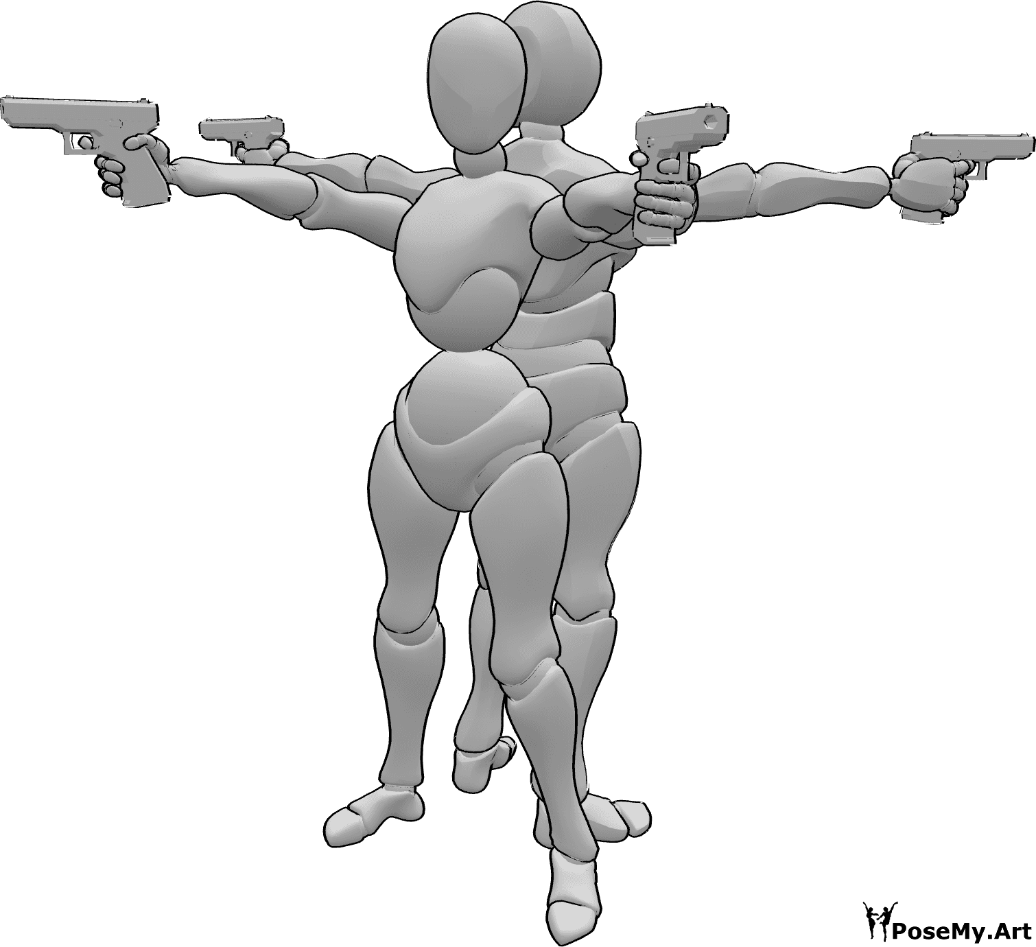 Riferimento alle pose- Posa delle pistole femminile e maschile - Femmina e maschio schiena contro schiena con armi in posa