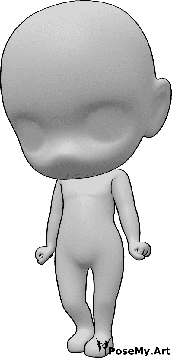 Posen-Referenz- Wütendes Chibi in stehender Pose - Ein wütendes Chibi-Männchen steht mit zu Fäusten geballten Händen da und schaut nach unten