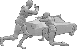 Pose Reference - Two males shooting pose - Two males are shooting from the cover of a car