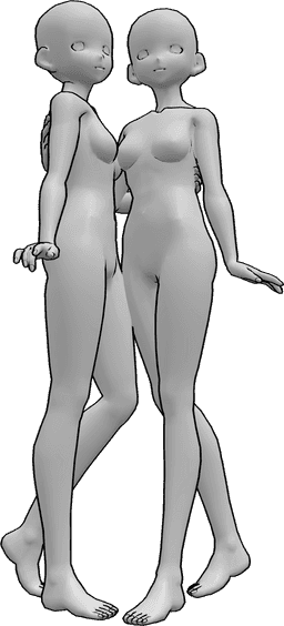 Référence des poses- Femmes d'animation en train de s'étreindre - Deux femmes animées se serrent l'une contre l'autre et prennent la pose, pose d'étreinte animée