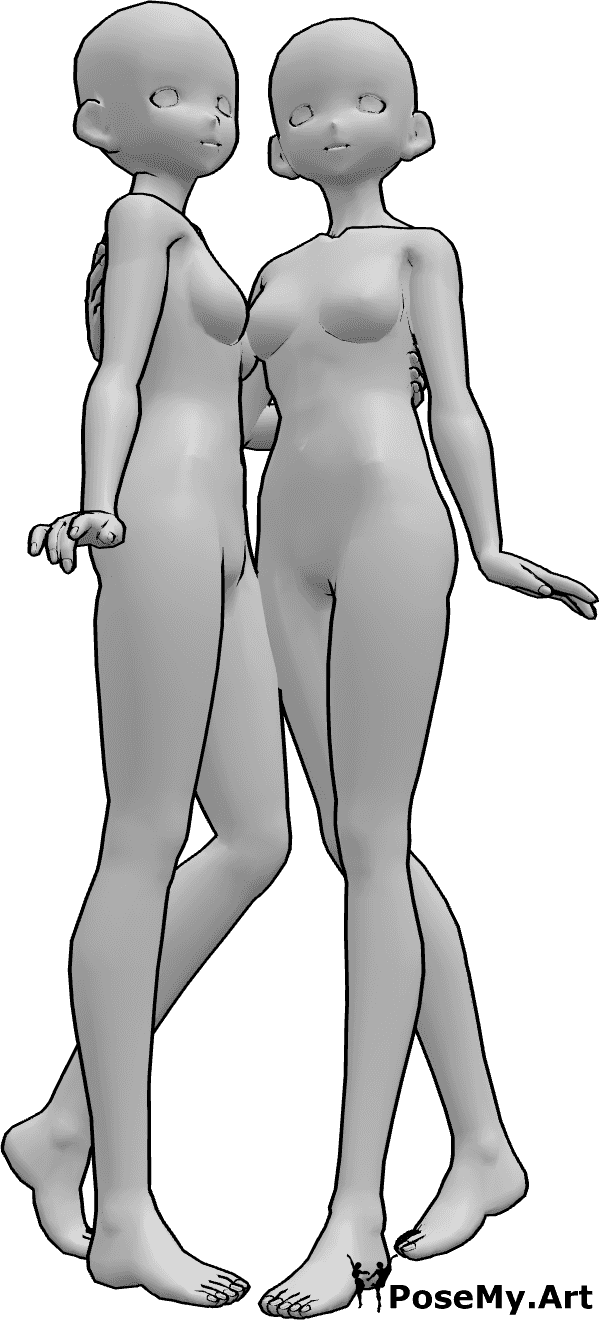 Référence des poses- Femmes d'animation en train de s'étreindre - Deux femmes animées se serrent l'une contre l'autre et prennent la pose, pose d'étreinte animée