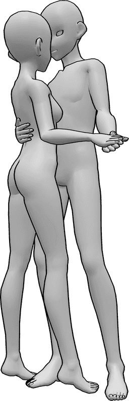 Referência de poses- Pose de abraço romântico de anime - Mulher e homem de anime abraçam-se e dançam, pose romântica de abraço