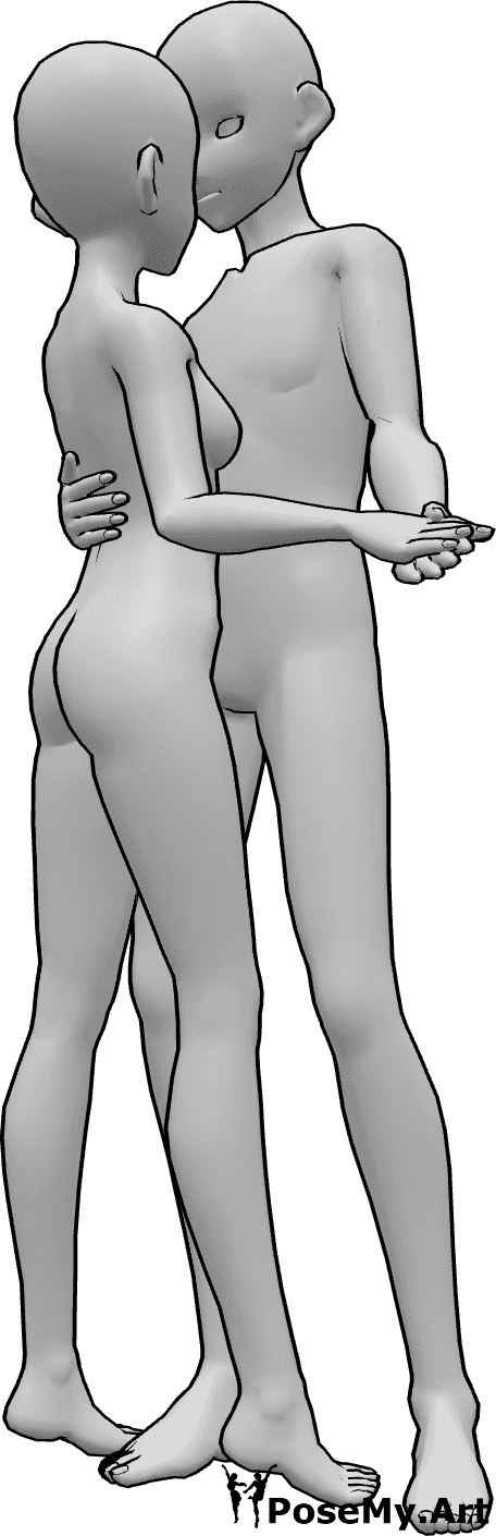 Posen-Referenz- Anime romantische Umarmung Pose - Anime weiblich und männlich sind umarmt einander und tanzen, romantische Umarmung Pose