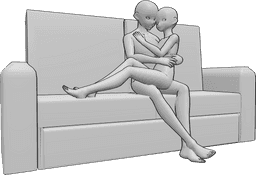 Référence des poses- Anime assis, pose d'étreinte - Une femme et un homme de l'animation sont assis sur le canapé et se serrent l'un contre l'autre.