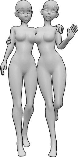Référence des poses- Pose de l'étreinte entre amis de l'anime - Deux femmes animées se serrent l'une contre l'autre, elles regardent vers l'avant, l'une d'entre elles fait un signe de la main.