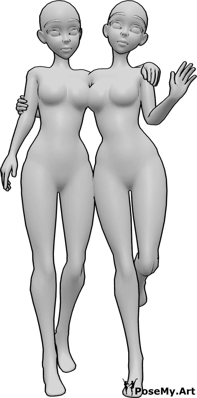 Referência de poses- Amigos de anime em pose de abraço - Duas mulheres de anime abraçam-se, olham para a frente e uma delas acena