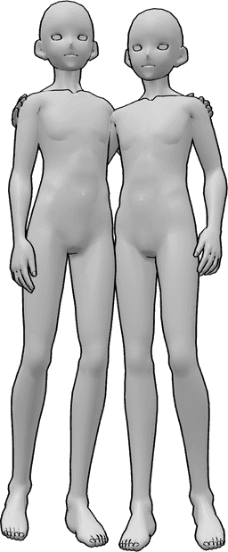 Posen-Referenz- Anime-Männer umarmen Pose - Zwei Anime-Männer umarmen sich, halten sich an den Schultern und schauen nach vorne