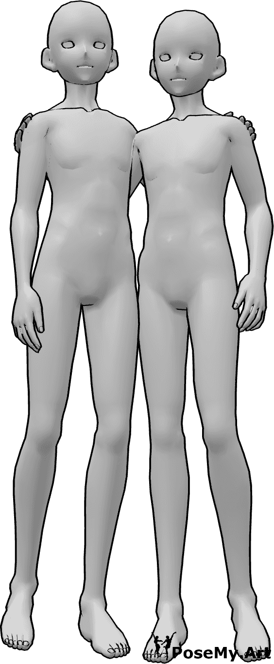 Référence des poses- Pose d'étreinte d'hommes de l'anime - Deux hommes animés se serrent l'un contre l'autre, se tiennent par l'épaule et regardent vers l'avant.