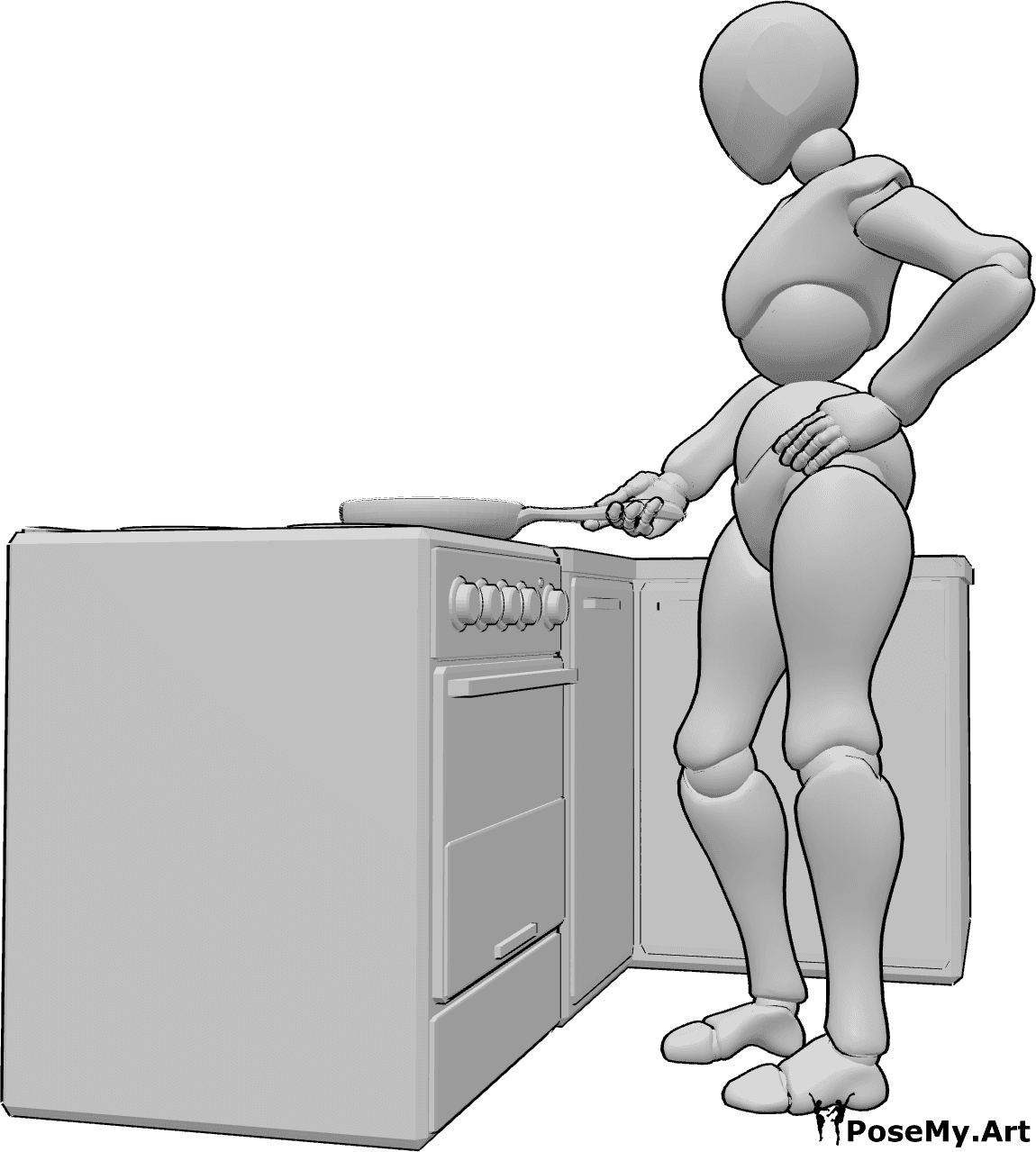Pose Reference- Female cooking pose - Female is standing in the kitchen, cooking, holding a pan in her right hand