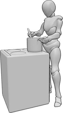 Referencia de poses- Mujer cocinando revolviendo pose - Mujer de pie, cocinando algo en una olla y removiéndolo con una cuchara de madera en la mano derecha.