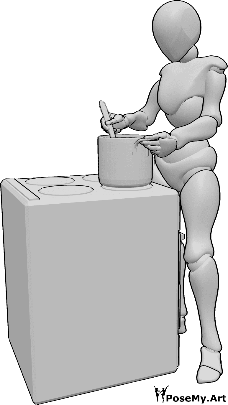 Referência de poses- Pose de cozinheira a mexer - Mulher de pé, a cozinhar algo numa panela e a mexer com uma colher de pau na mão direita
